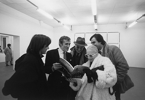 Inauguration of "Alighiero e Boetti, insecure noncurante", Nouveau musée of Villeurbanne, France with (from left) A.Bonomo, Boetti, Giulio Paolini, C. Stein, G. Benedetti, photo by Giorgio Colombo