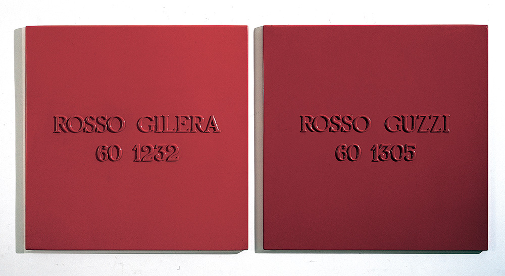 Alighiero Boetti (1940-1994) Rosso Gilera 60 1232 Rosso Guzzi 60 1305 industrial paint on metal, in two parts each: 39 3/8 x 39 3/8in. (100 x 100cm.) Executed in 1967