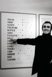 Alighiero Boetti davanti a Manifesto - Galleria Toselli di Milano, 1970 - foto Paolo Mussat Sartor